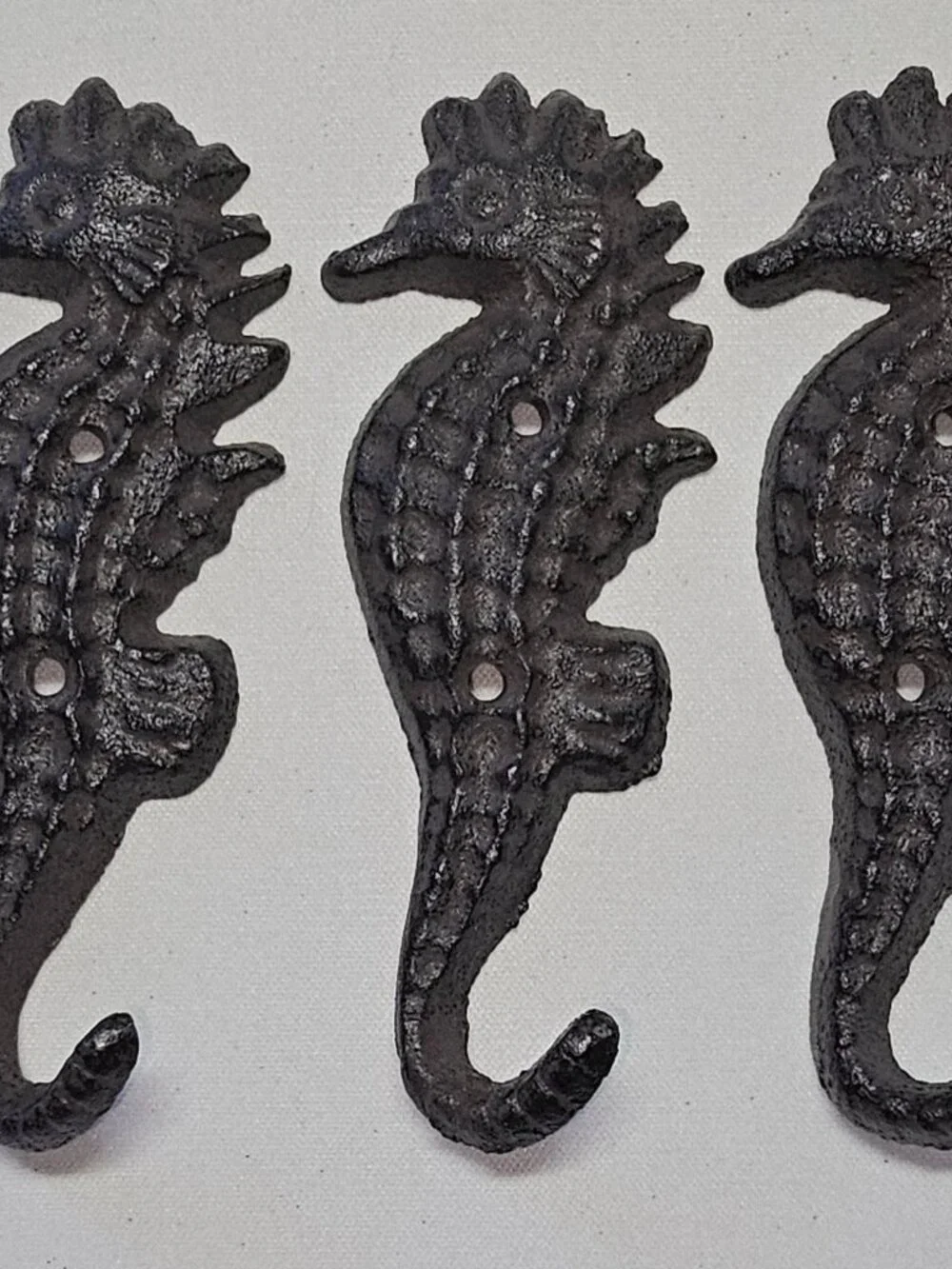 Cast Iron Seahorse Wall Hooks- Set of 3 - Decor Brown Hanger Beach Nautical
